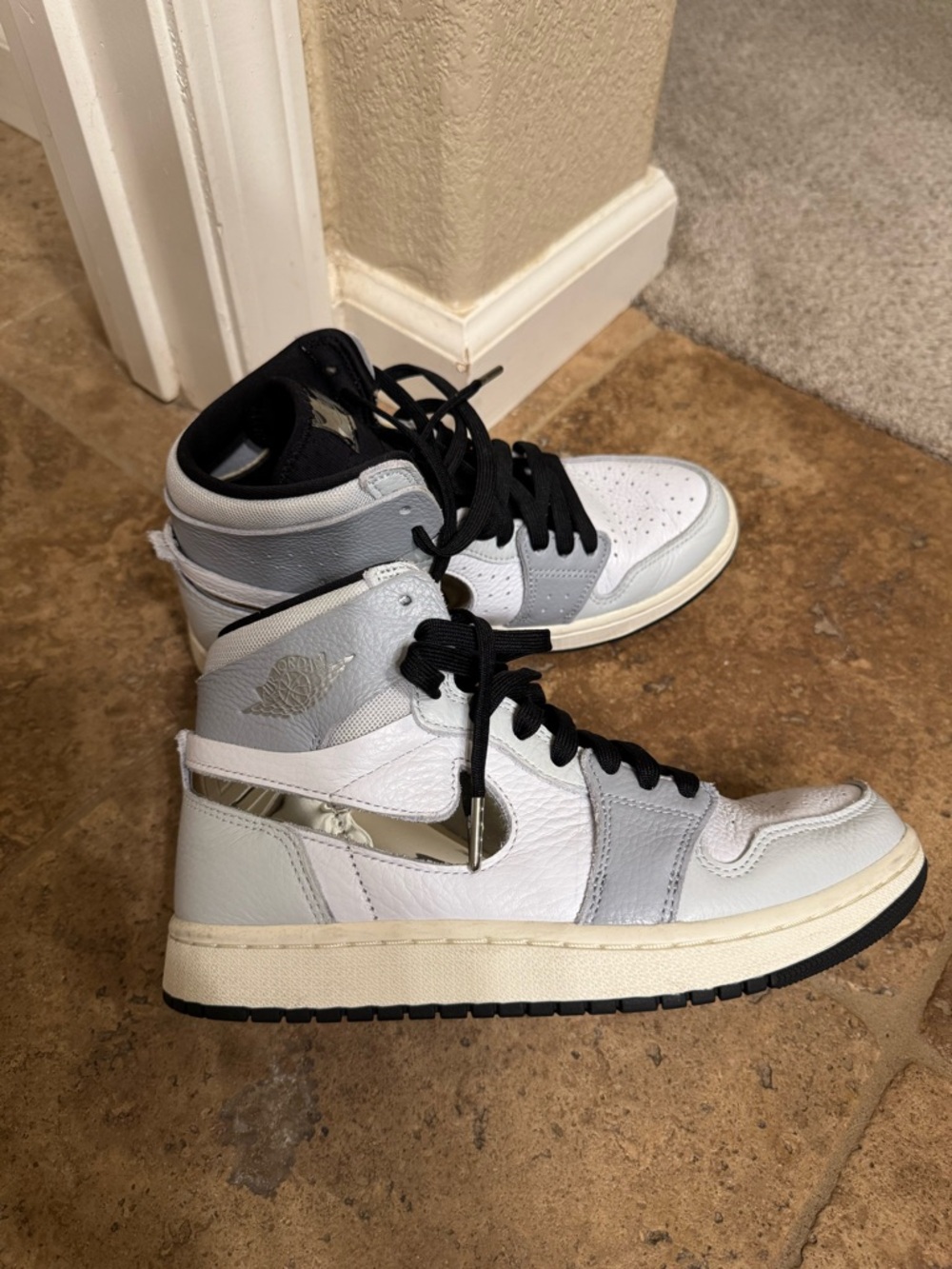 Nike Air Jordan 1 Mid Sneaker in White, Light Gray, Metallic & Black